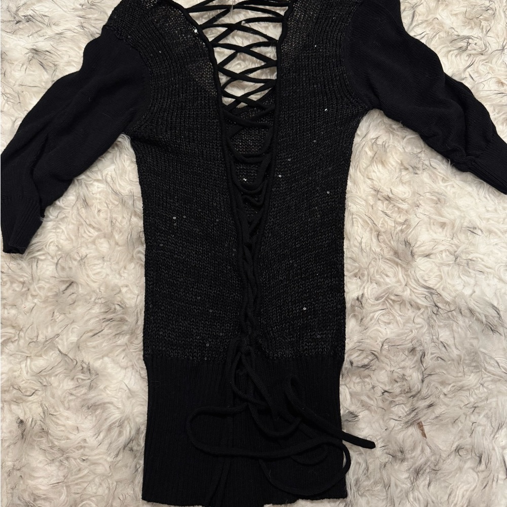 BKE Black V-Neck Sweater with Lace-Up Back